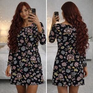 LOFT Outlet Petite Floral Long Sleeve Shirt Dress Black Pink 8P Botanical Print